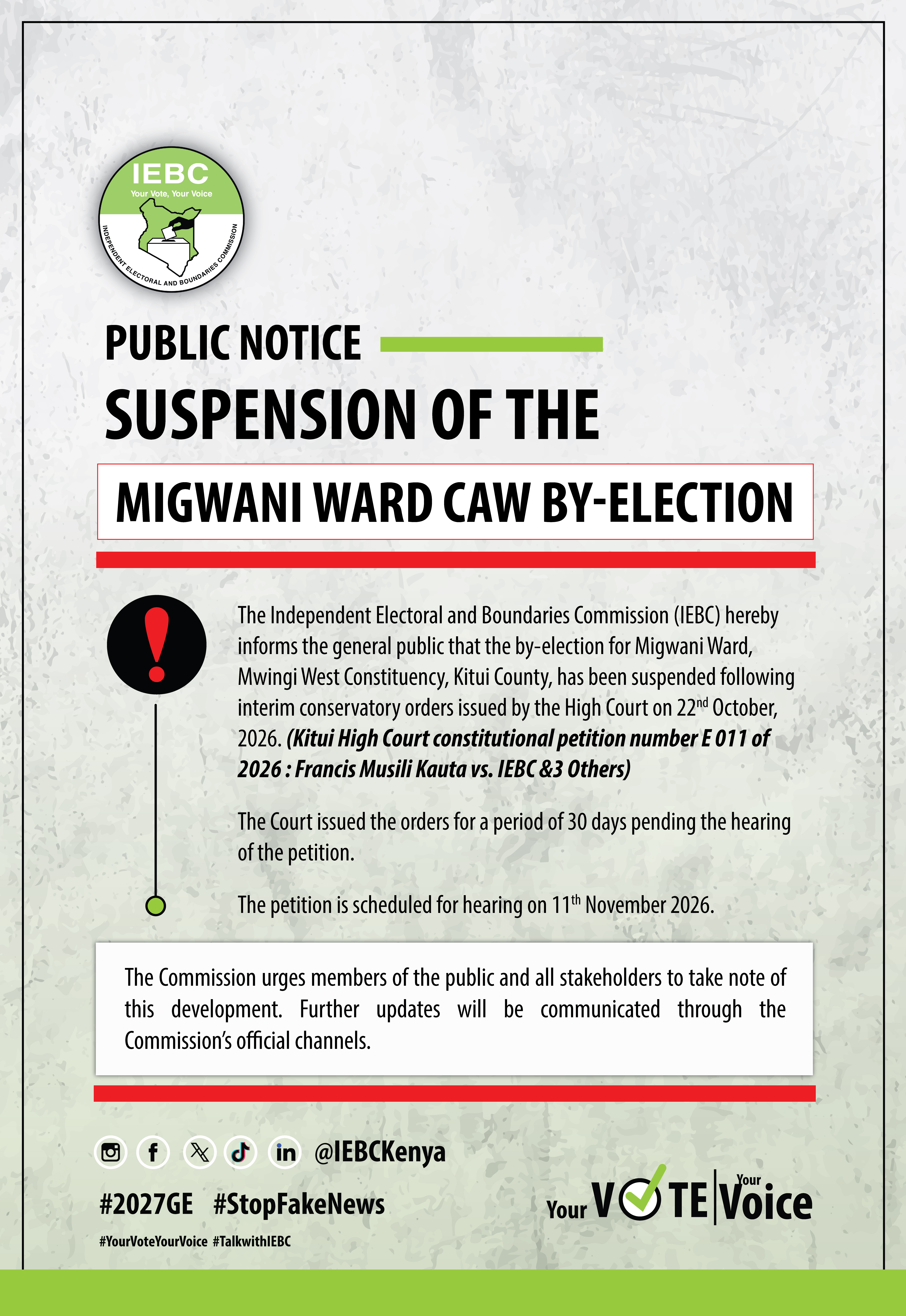 Court Suspends Migwani CAW By-Election