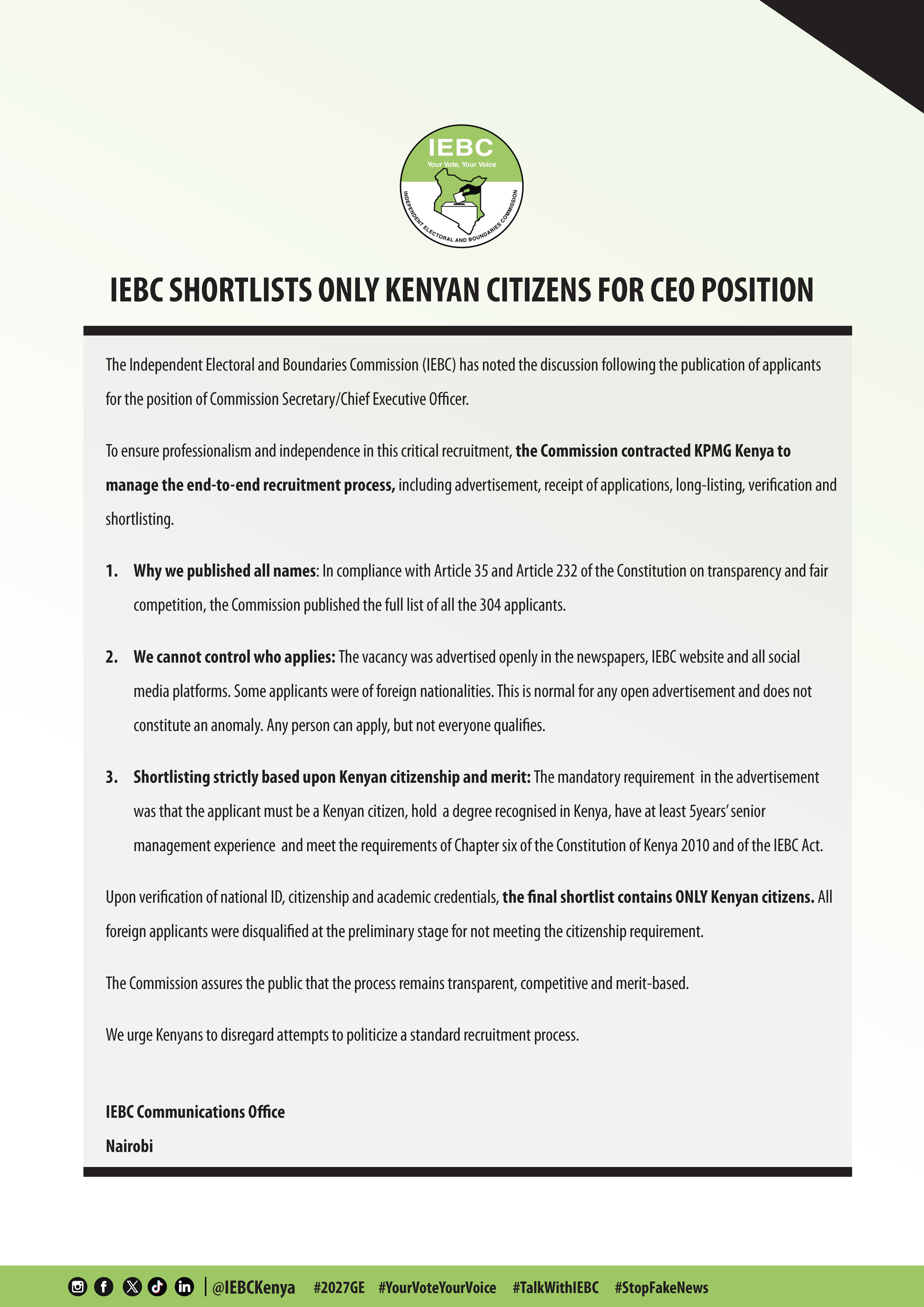 IEBC SHORTLISTS ONLY KENYAN CITIZENS FOR CEO POSITION